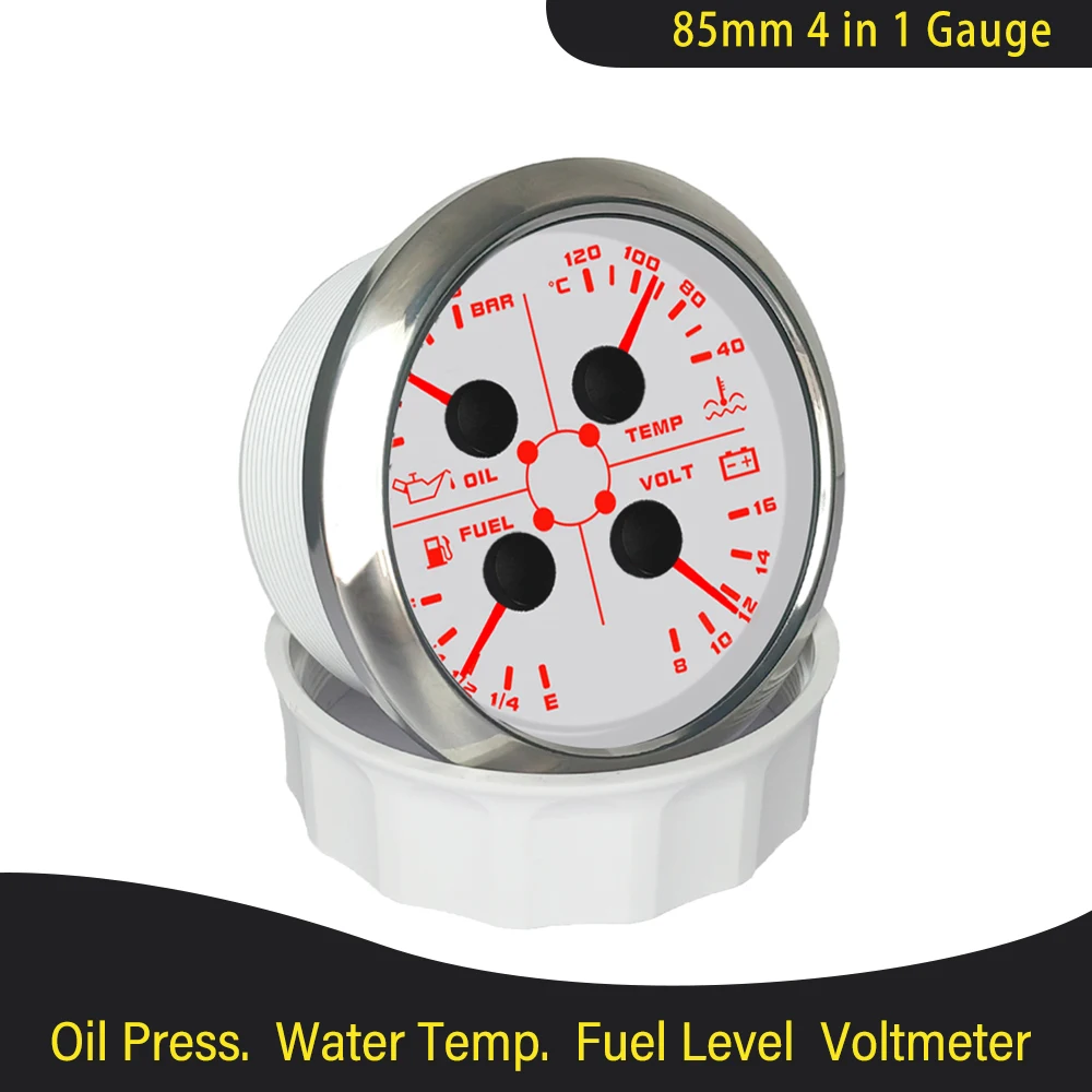 Yeni su geçirmez 85mm 4 in 1 ölçer yağ basınçlı su sıcaklığı yakıt seviyesi voltmetre ışık alarmı ile araba tekne için yat