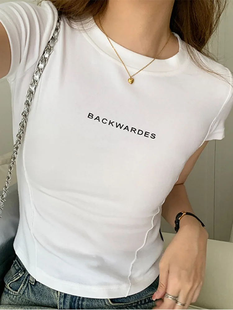 Yaz Kadın T Shirt Kız T-Shirt Kadın Giysileri Üstleri Pamuk İnce Gömlek Kadın Kısa Kollu Kırpma Üst Tee Seksi Kanal Y2k Mektup