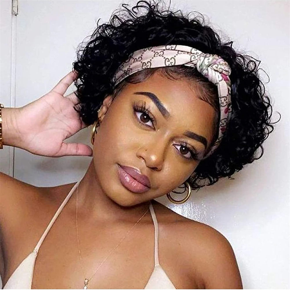 Tutkalsız kısa kıvırcık insan saçı Peruk Kadınlar İçin Kinky Kıvırcık Kafa Bandı Peruk Peri Kesim Peruk Bantlar Perruque Cheveux Humain Satılık