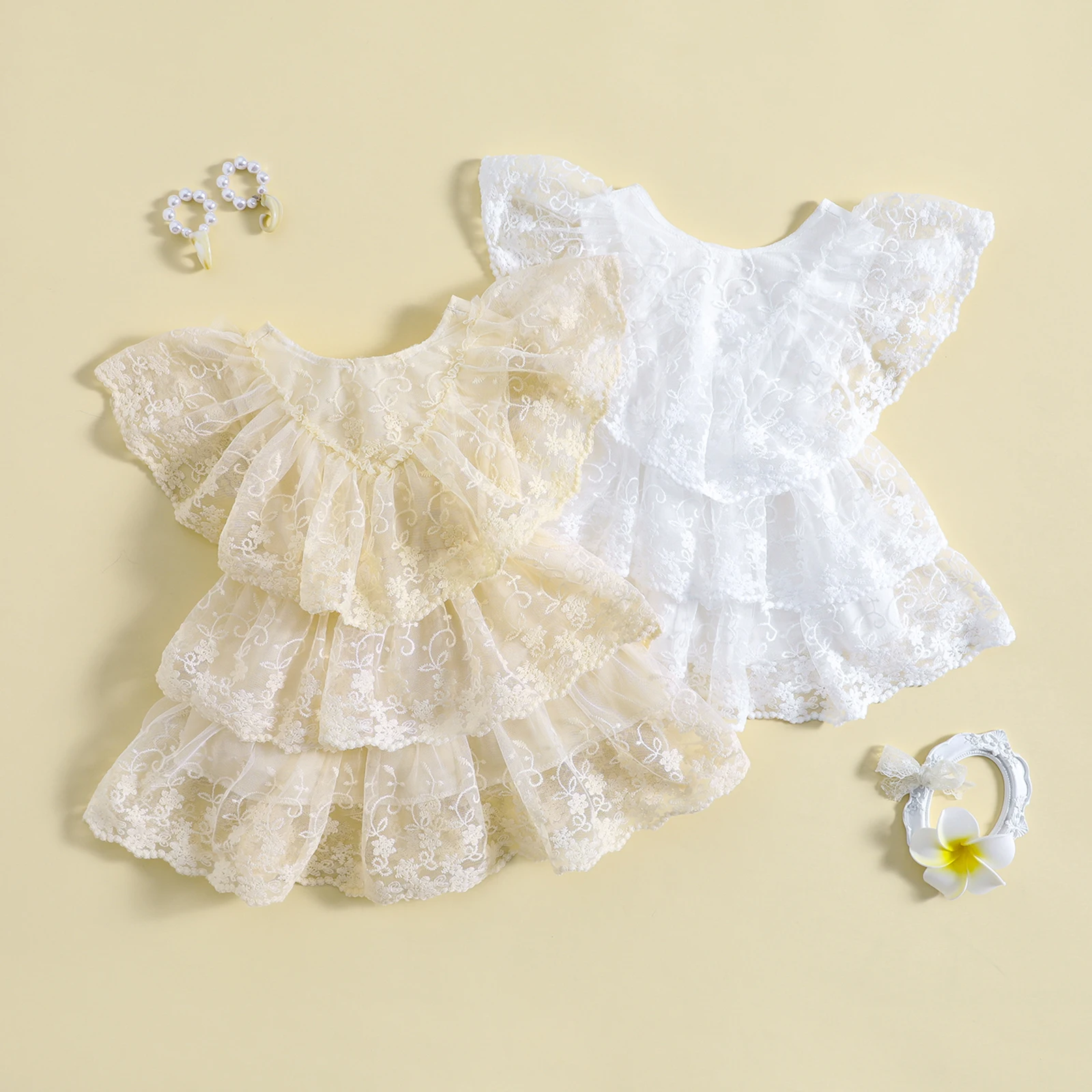 FOCUSNORM 0-24M Yaz Bebek Kız Tatlı Elbise Ruffles Uçan Kollu Dantel Çiçek Katmanlı Katmanlı Elbise Elbise