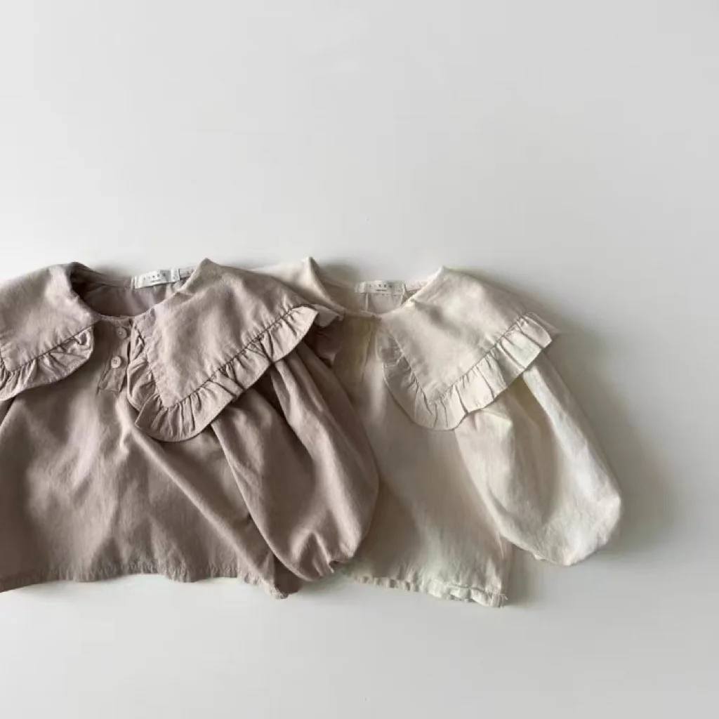Sonbahar Yeni Bebek Kız Uzun Kollu Gömlek Kızlar Ruffled Yaka Bluz Bebek T Shirt Katı Toddler Üstleri Çocuk Kız Tee elbise