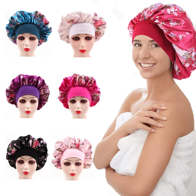 6pcsPlussign Büyük Saten Kaput İpek Gece Uyku Kap Çiçek Baskı Saten Kaput Kafa Bandı İle Kaput Kenar Wrap Kadınlar İçin saç