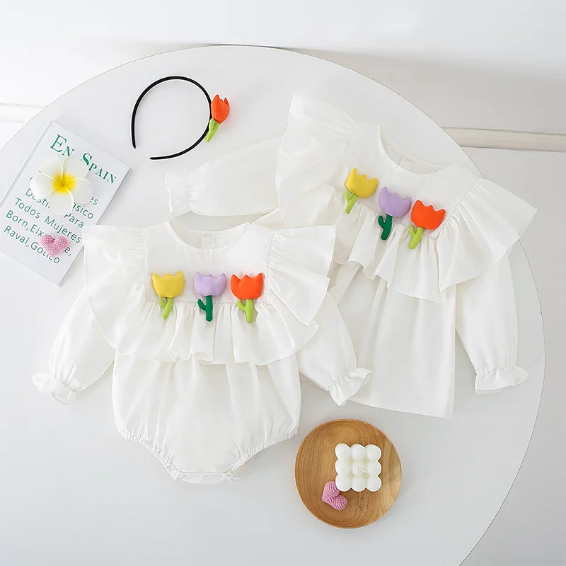 2023 Bebek Kız Romper Sevimli Çiçek bebek tulumları Pamuk Sonbahar Bebek Tek Parça Onesie Yürümeye Başlayan Giysi Prenses Kostüm