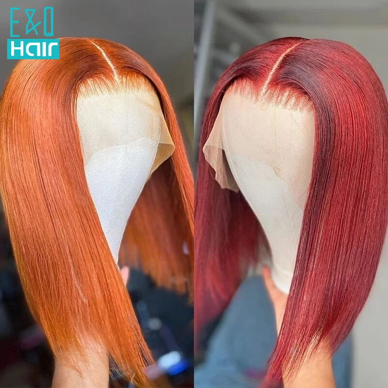Zencefil Dantel ön peruk insan saçı Kırmızı Bob Peruk Turuncu Kısa Bob Peruk 8-14 İnç Kemik Orta Ayrılık Peruk T Dantel Parçası Doğal