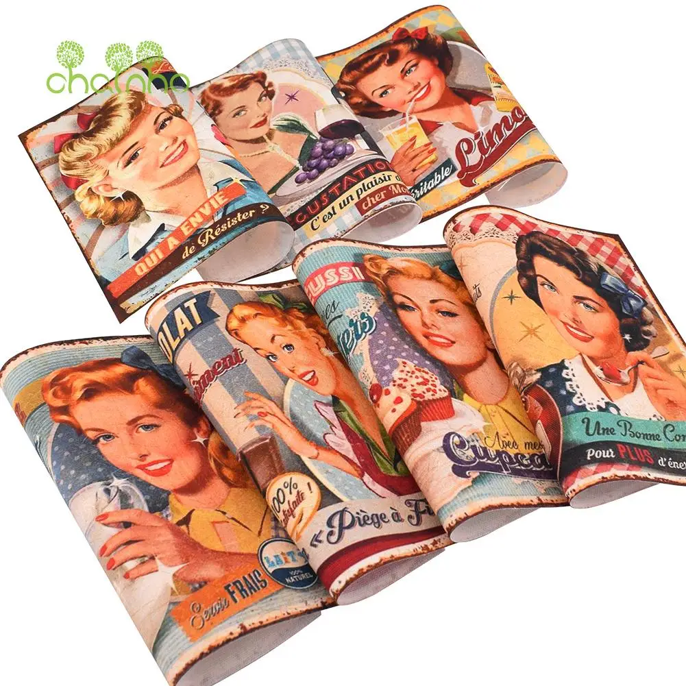 Chainho, El Boyalı Pamuk kanvas kumaş, Retro kızlar, DIY Dikiş Kapitone, Çanta, Coaster, Kitap kapağı, ev dekorasyon malzemesi, 15x15 cm