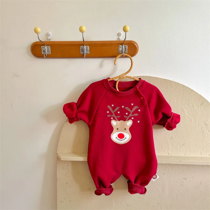 Noel Yenidoğan Bebek Romper Kış Yürüyor Bebek Erkek Kız Karikatür Geyik Santa Sıcak Tulum Sevimli Noel Kostümleri Giyim
