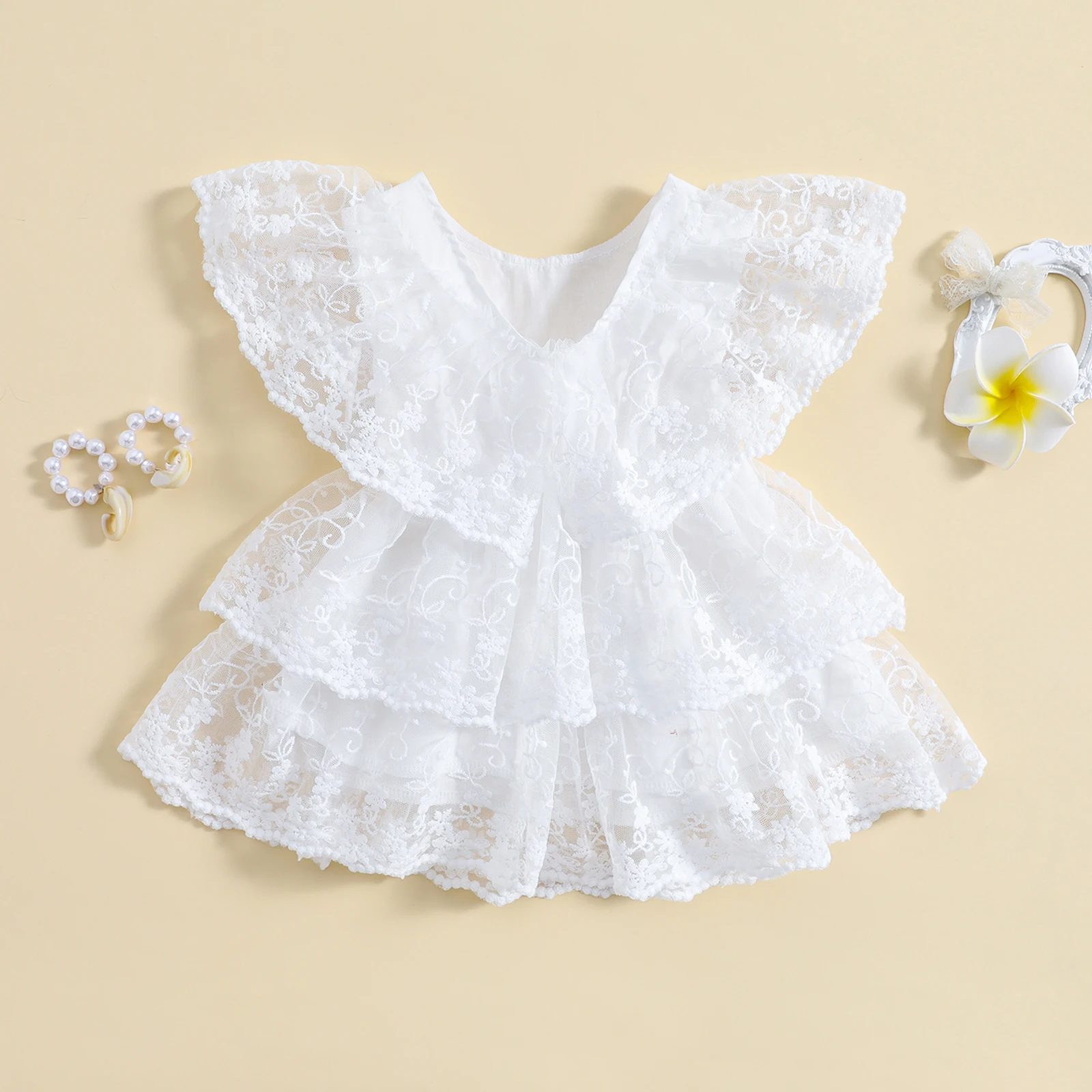 FOCUSNORM 0-24M Yaz Bebek Kız Tatlı Elbise Ruffles Uçan Kollu Dantel Çiçek Katmanlı Katmanlı Elbise Elbise