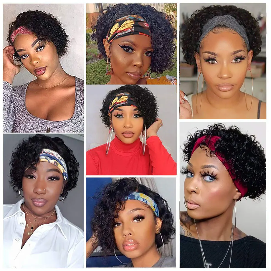 Tutkalsız kısa kıvırcık insan saçı Peruk Kadınlar İçin Kinky Kıvırcık Kafa Bandı Peruk Peri Kesim Peruk Bantlar Perruque Cheveux Humain Satılık