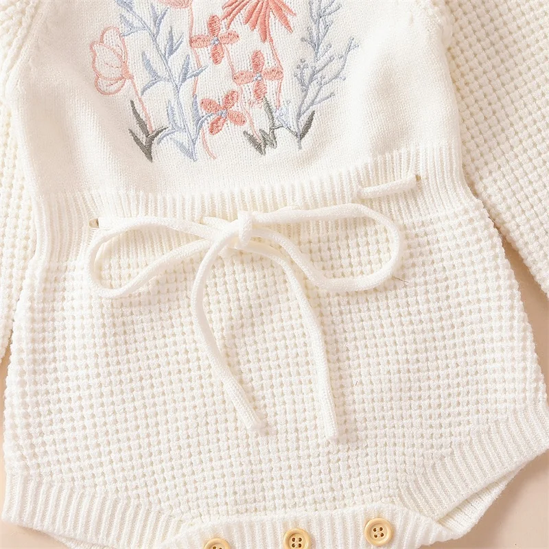 Citgeett Sonbahar Bebek Bebek Kız Örgü Tulum Çiçek Nakış Uzun Kollu İpli Bel Romper Güz Giysi